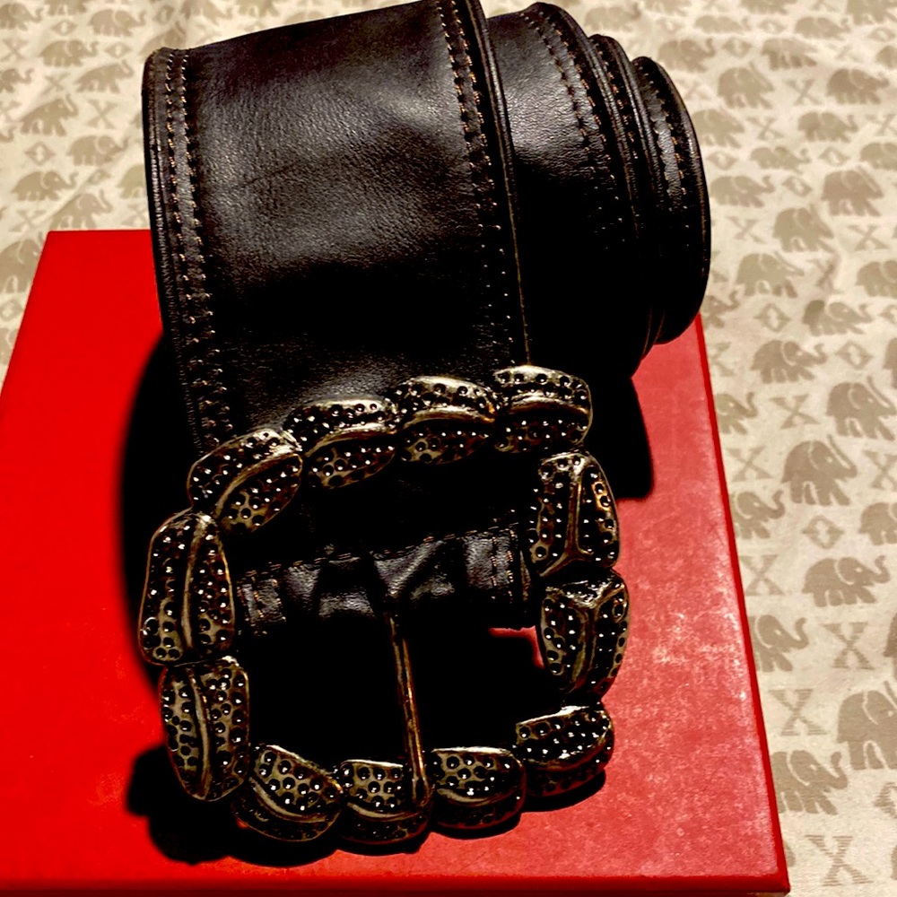💯 Genuine Leather Dark Chocolate Brown Large Sparkling Buckle Belt